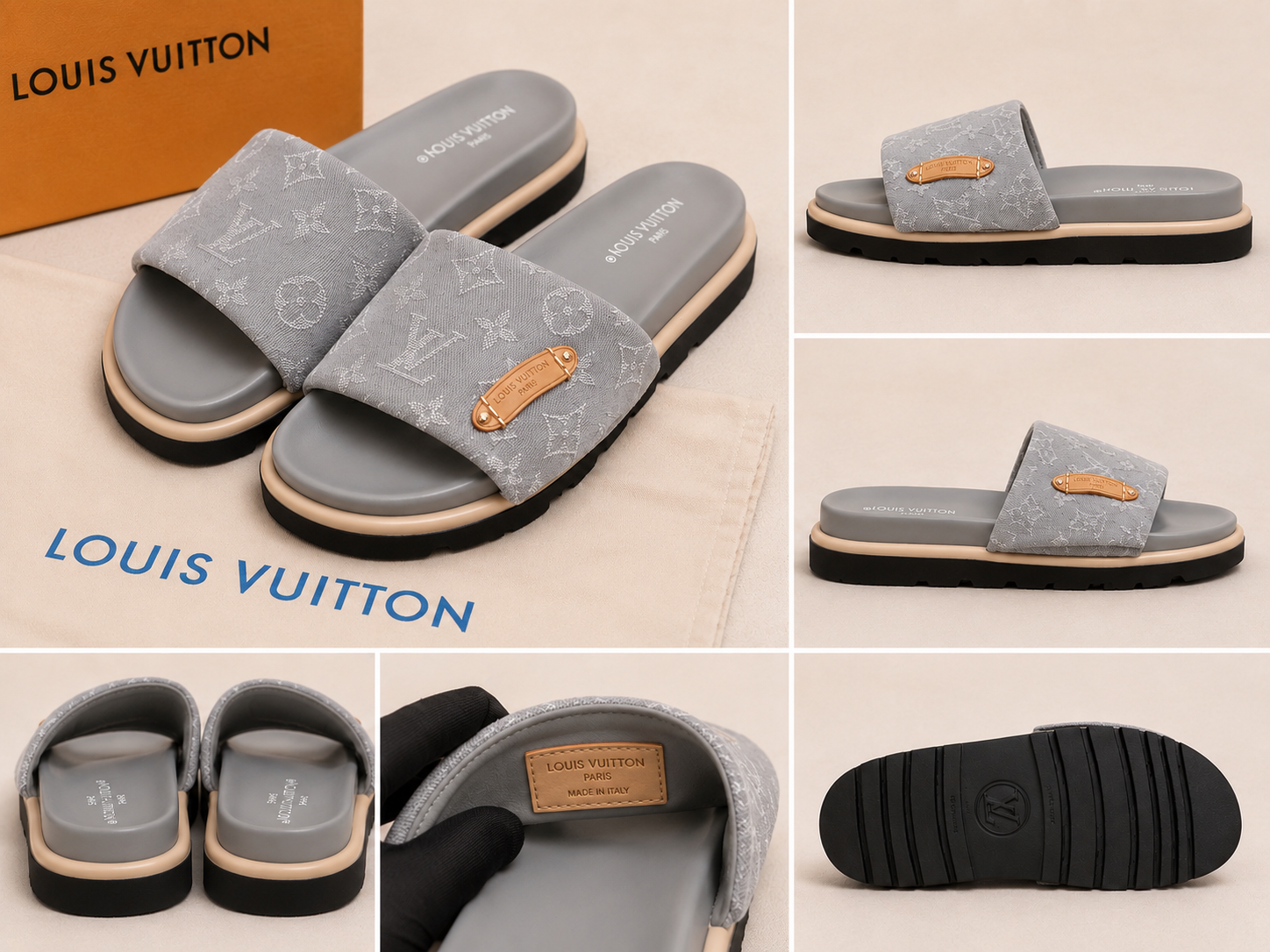 Luxury Inspired Gray Monogram Slides